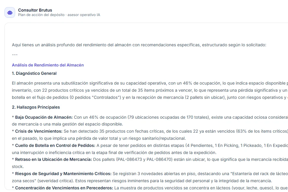 Brutus WMS: consultor operativo con plan de acción