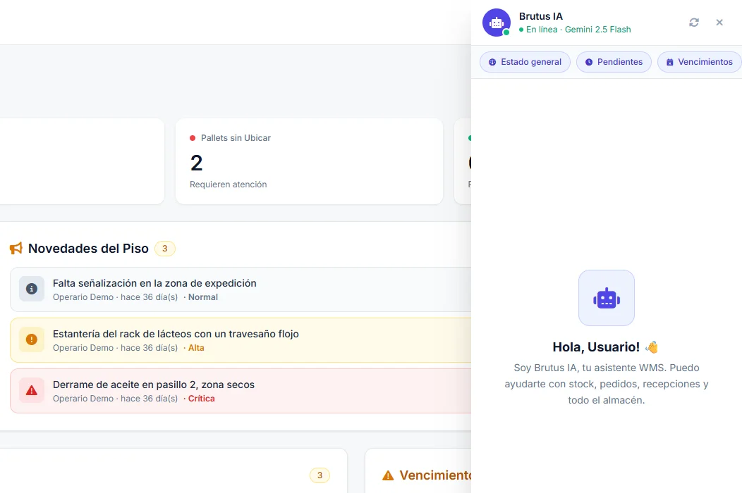Brutus WMS: panel con Brutus IA, el asistente por chat